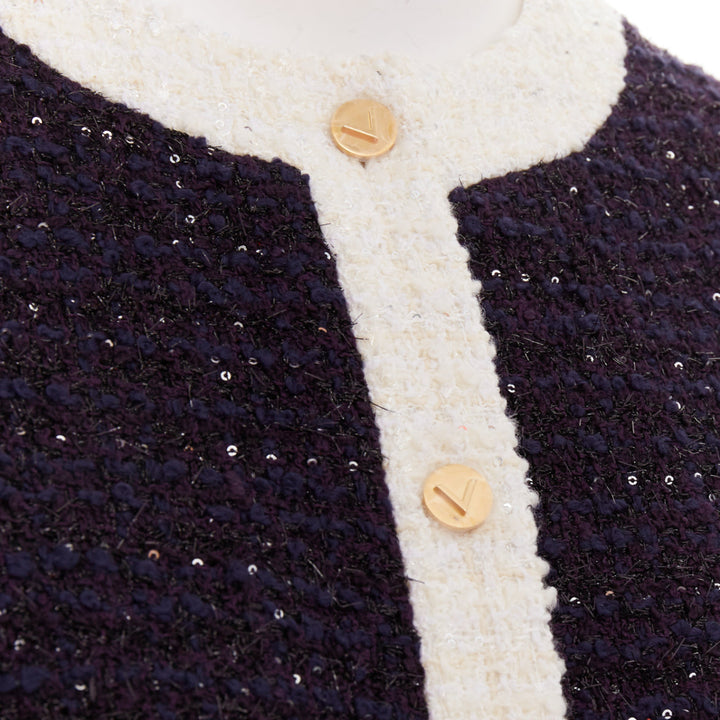 VALENTINO 2023 Retro Mini cream navy boucle tweed V logo mini dress IT38 XS