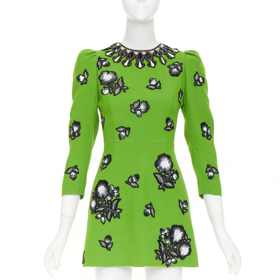 ANDREW GN apple green black silver sequinned badges bejewelled dress FR34 XS