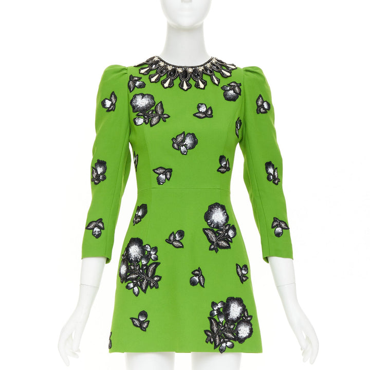 ANDREW GN apple green black silver sequinned badges bejewelled dress FR34 XS