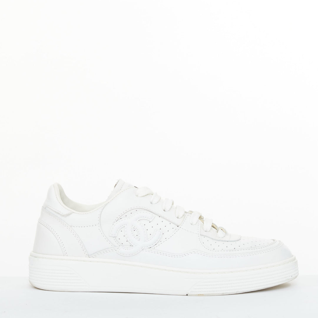 CHANEL 2023 white calfskin perforated CC logo lowtop trainer court sneakers EU38