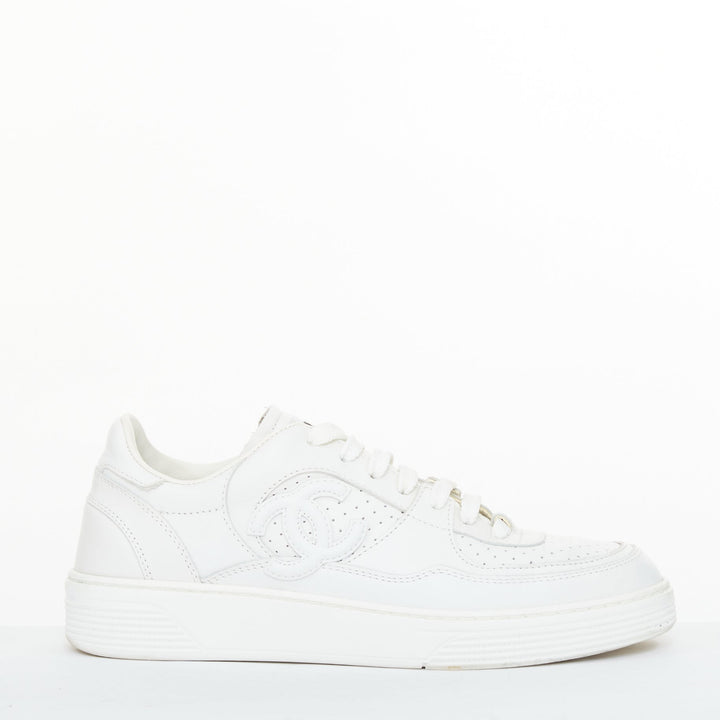 CHANEL 2023 white calfskin perforated CC logo lowtop trainer court sneakers EU38