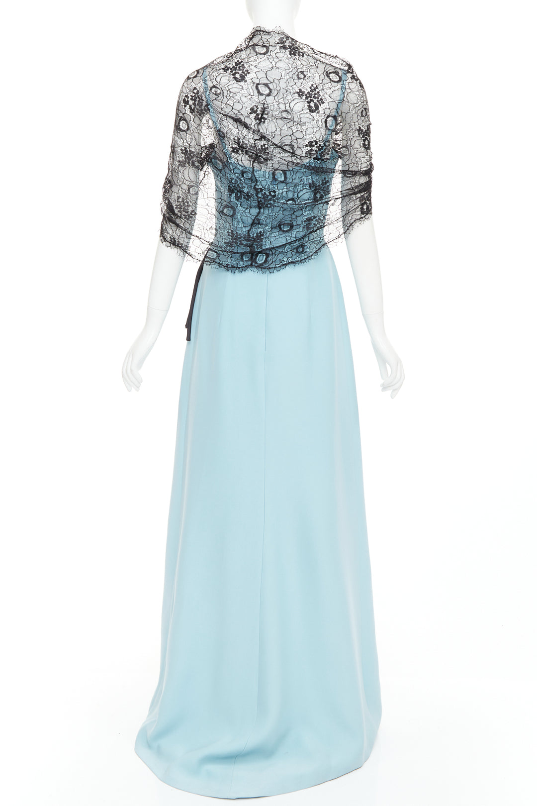 PRADA 2019  light blue black draped lace floral bouquet applique gown IT42 M