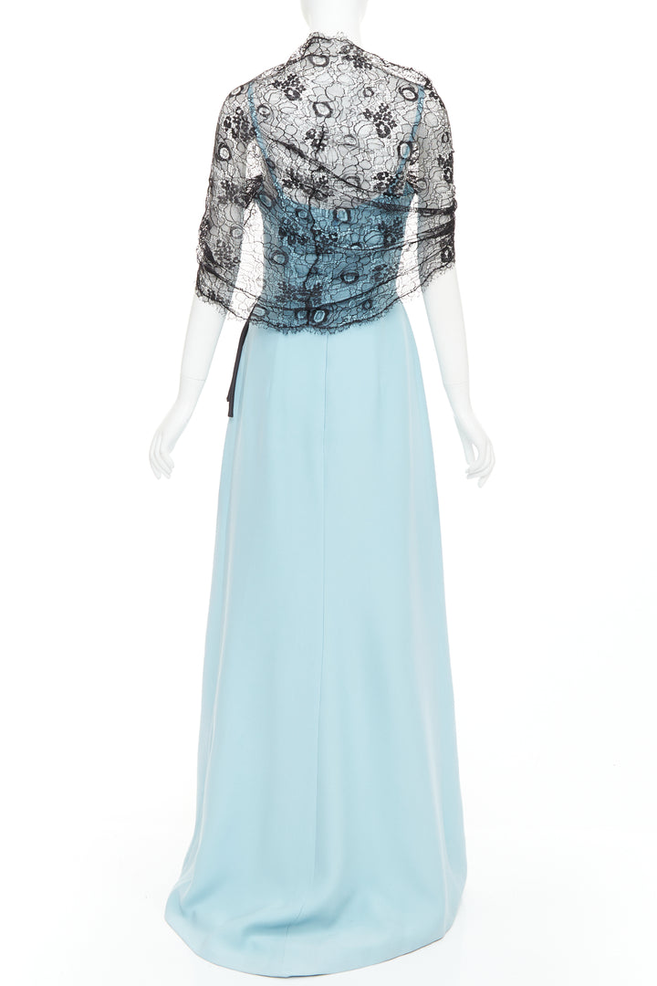 PRADA 2019  light blue black draped lace floral bouquet applique gown IT42 M