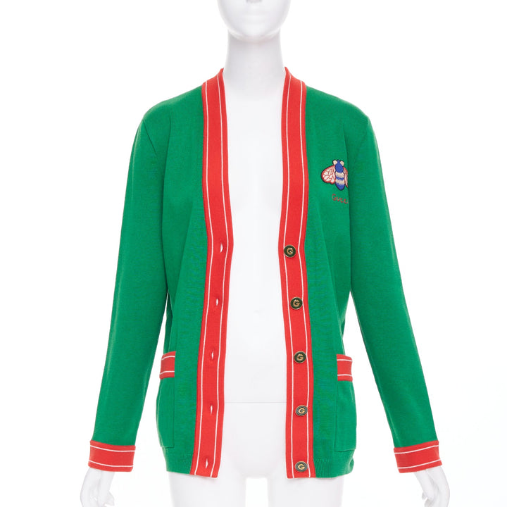 GUCCI Michele green cotton cashmere Bee embroidered cardigan XXS