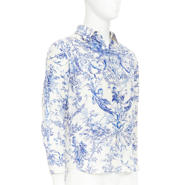 DIOR HOMME 2020 Toile De Jouy 100% silk white blue long sleeve shirt EU38 S
