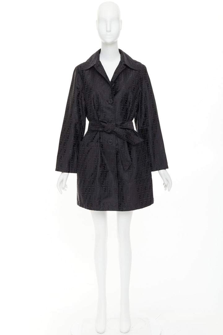 FENDI 1990s Vintage black cotton nylon FF Zucca monogram belt trench coat IT40 S