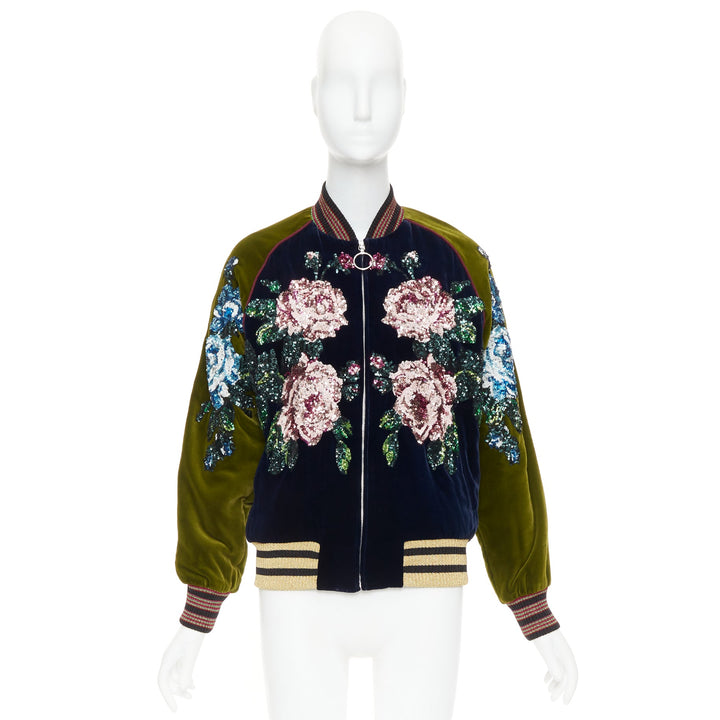 GUCCI Alessandro Michele 2017 navy olive rose sequin velvet bomber jacket IT40 S