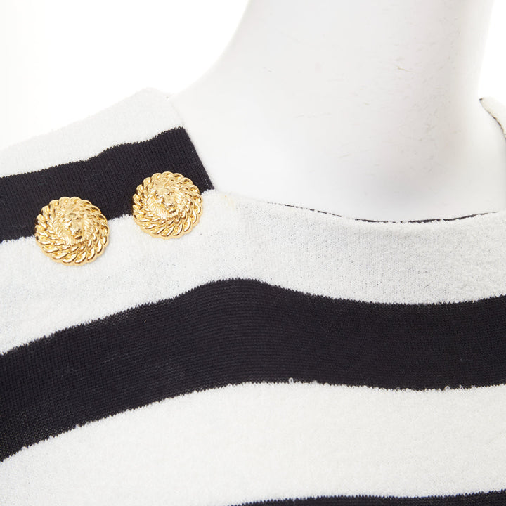 BALMAIN black off white stripes gold lion buttons square neck pullover FR36 S