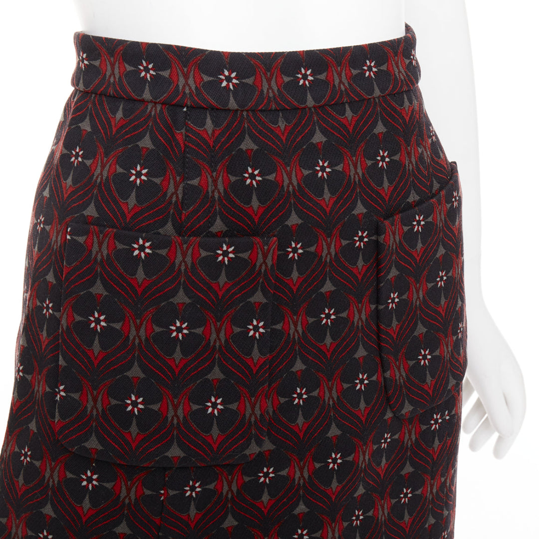 MIU MIU 2015 red khaki floral wool vintage print pocketed A-line skirt IT36 XXS