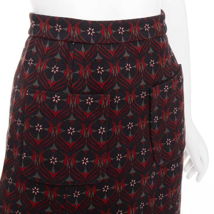 MIU MIU 2015 red khaki floral wool vintage print pocketed A-line skirt IT36 XXS