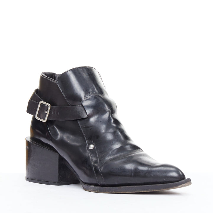 JIL SANDER black leather silver buckle block heel ankle boots EU38