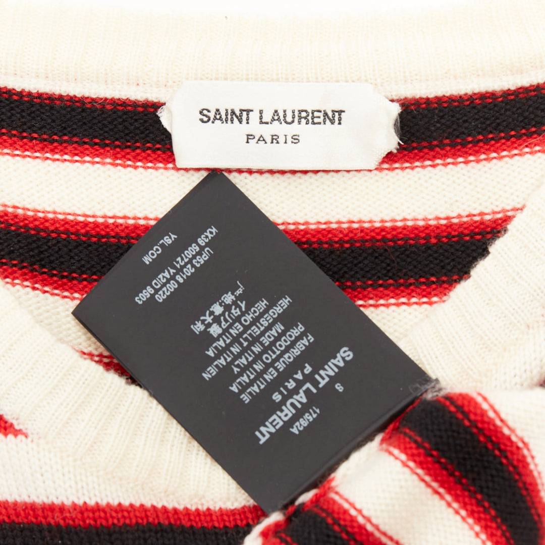 SAINT LAURENT 2018 cream red black 100% virgin wool horizontal striped sweater S