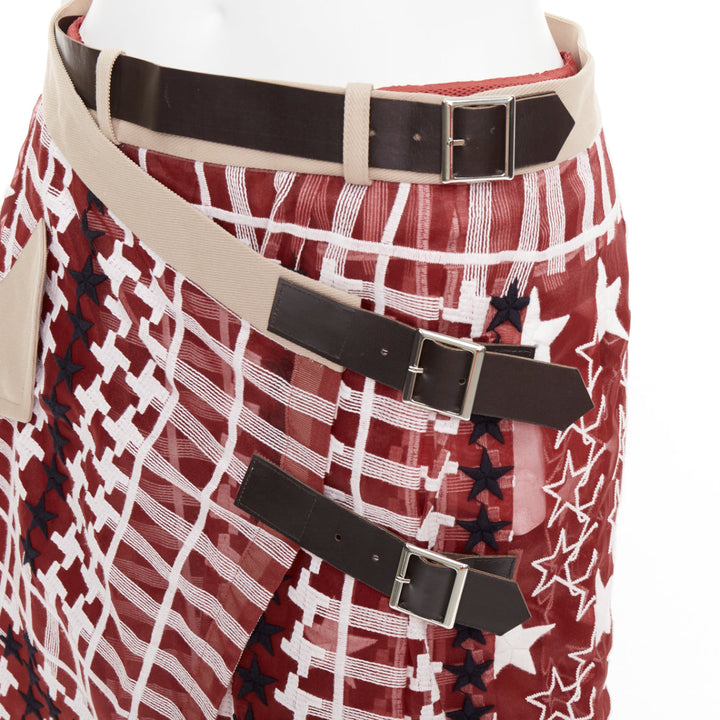 SACAI 2017 red white houndstooth star check sheer leather buckle wrap skirt JP2