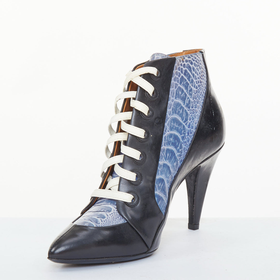 BALENCIAGA 2012 Runway blue emboss black leather lace up high heel booties EU36