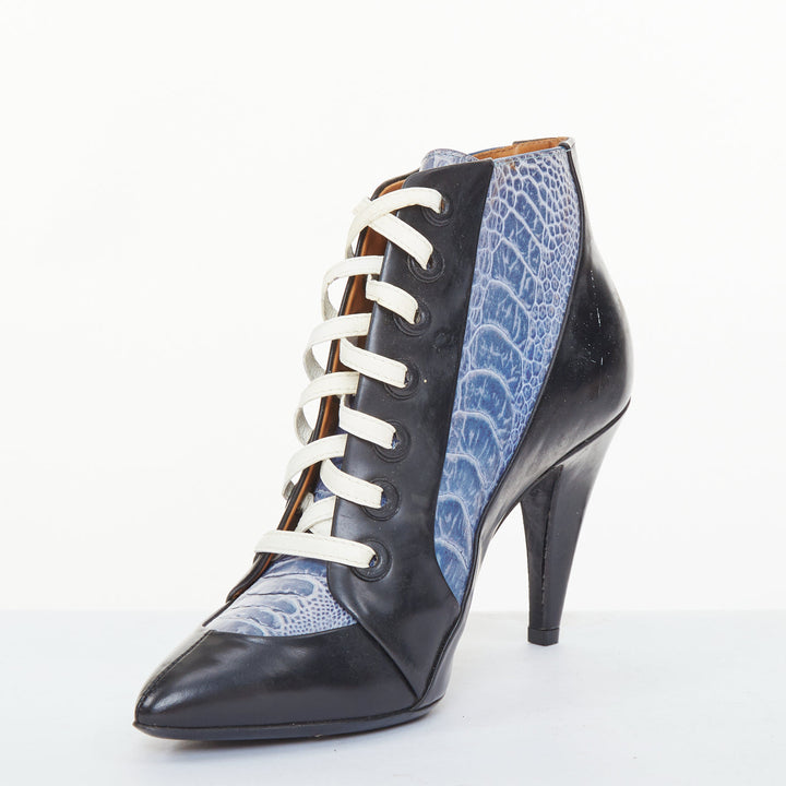 BALENCIAGA 2012 Runway blue emboss black leather lace up high heel booties EU36