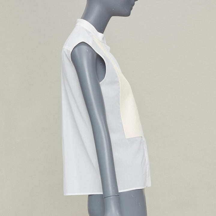 HERMES white pleated lambskin leather bib hidden button sheer cotton top FR34 XS