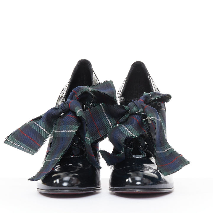 LOUIS VUITTON 2004 Runway green tartan black patent lace up heels pumps EU38.5