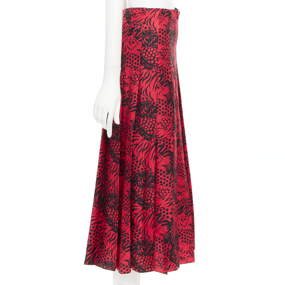 GUCCI 2018 Michele black red 100% silk tiger print pleated midi skirt IT38 XS