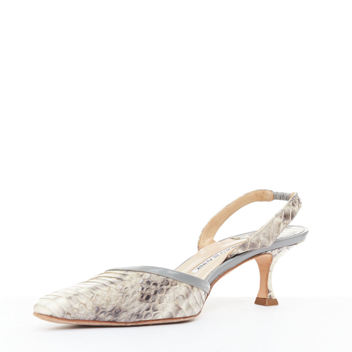 MANOLO BLAHNIK Carolyne beige snake leather slingback kitten dorsay heels EU39