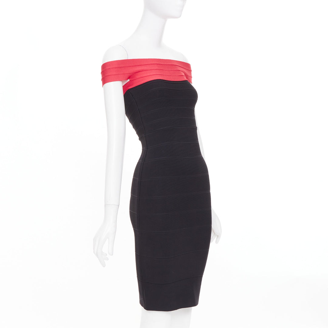 HERVE LEGER red colorblock off shoulder bandage bodycon cocktail dress XXS