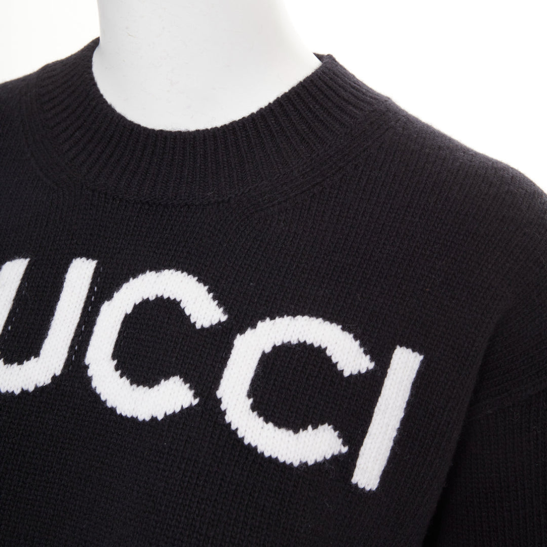 GUCCI black white wool block logo intarsia crew neck pullover sweater S
