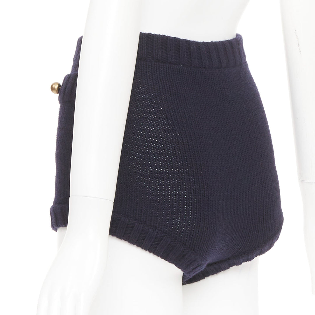 CHLOE 2024 Runway classic navy wool cashmere blend button knit mini shorts XS