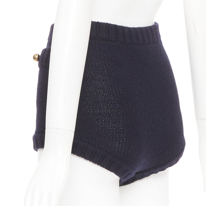 CHLOE 2024 Runway classic navy wool cashmere blend button knit mini shorts XS