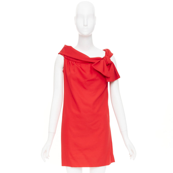 VALENTINO red virgin wool silk asymmetric bow collar shift mini dress US6 S