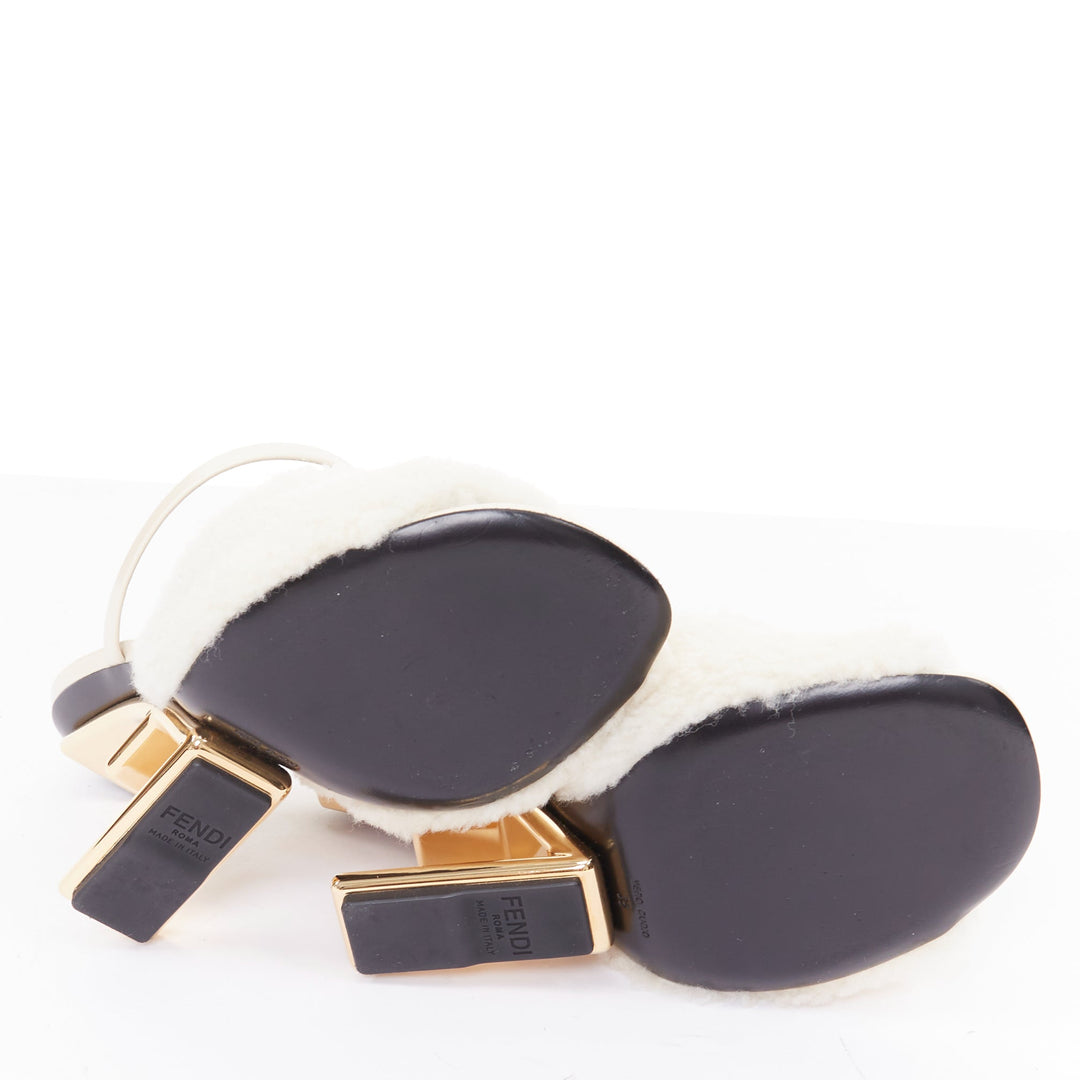 FENDI 2021 Runway First cream shearling gold F heel mule sandals EU35