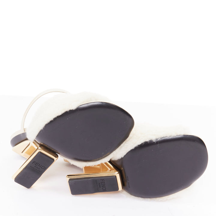 FENDI 2021 Runway First cream shearling gold F heel mule sandals EU35