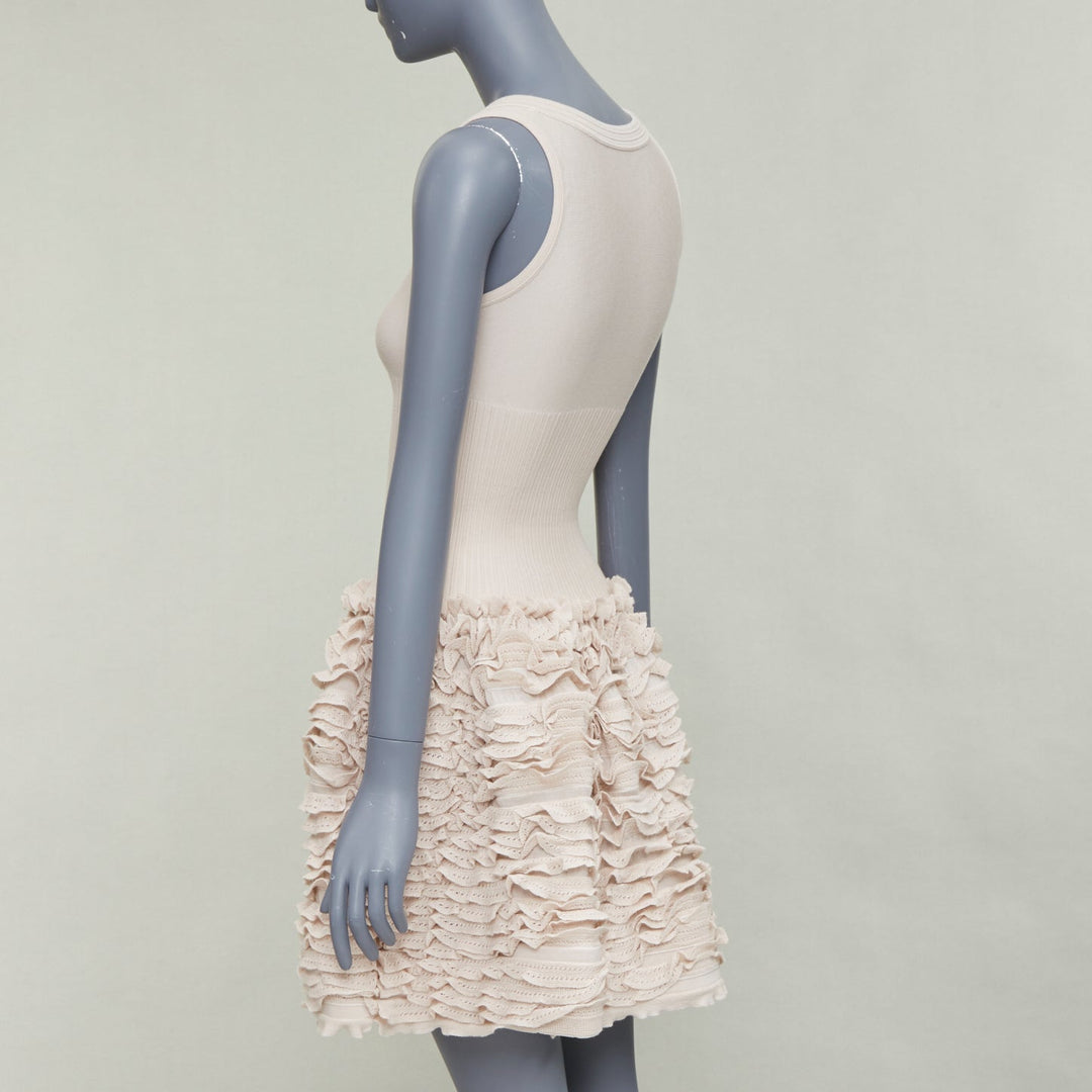 ALAIA pink beige wool blend square neck tiered ruffle cocktail dress FR36 S