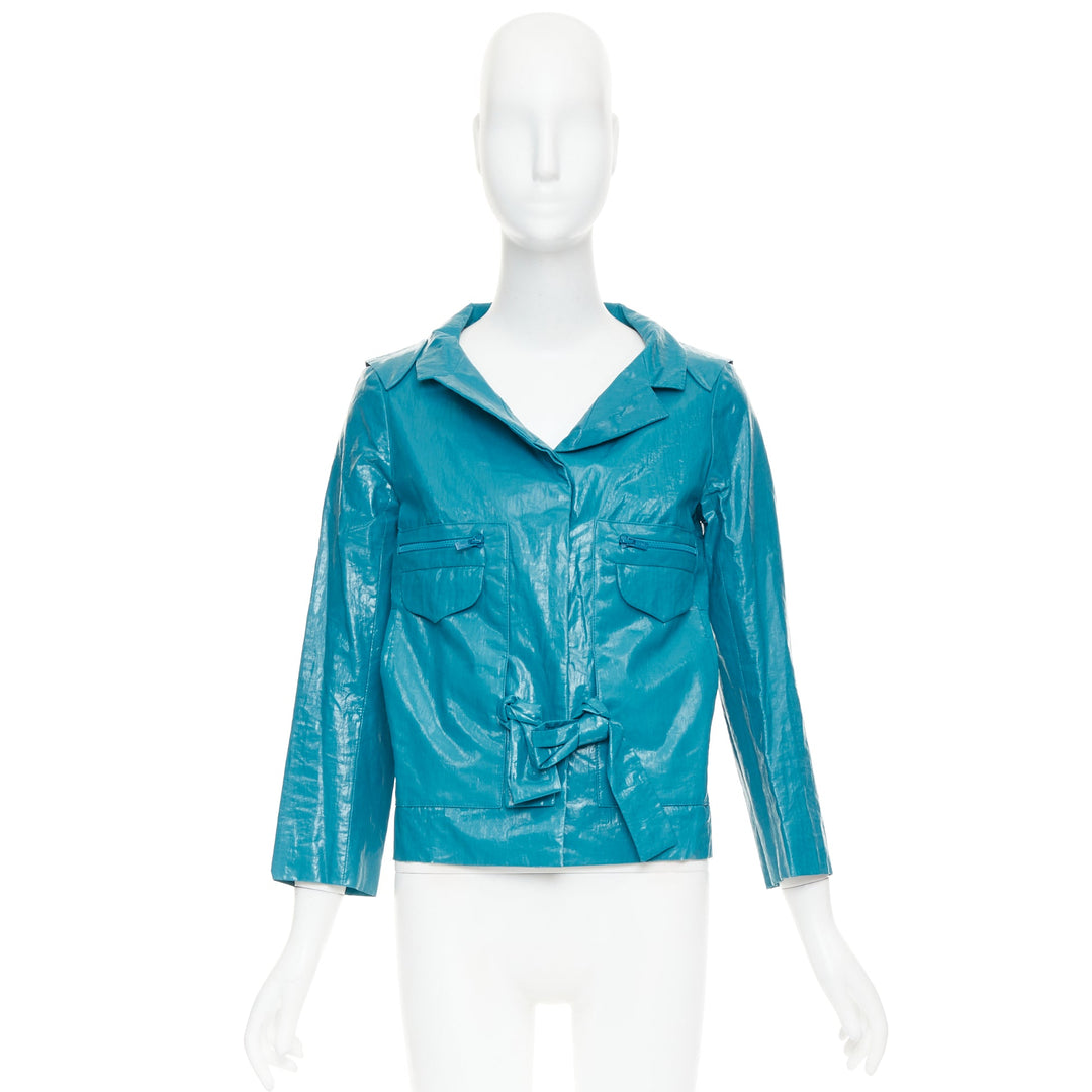 CHLOE Aqua Fresh blue crinkled coated acetate cotton cropped jacket FR36 S