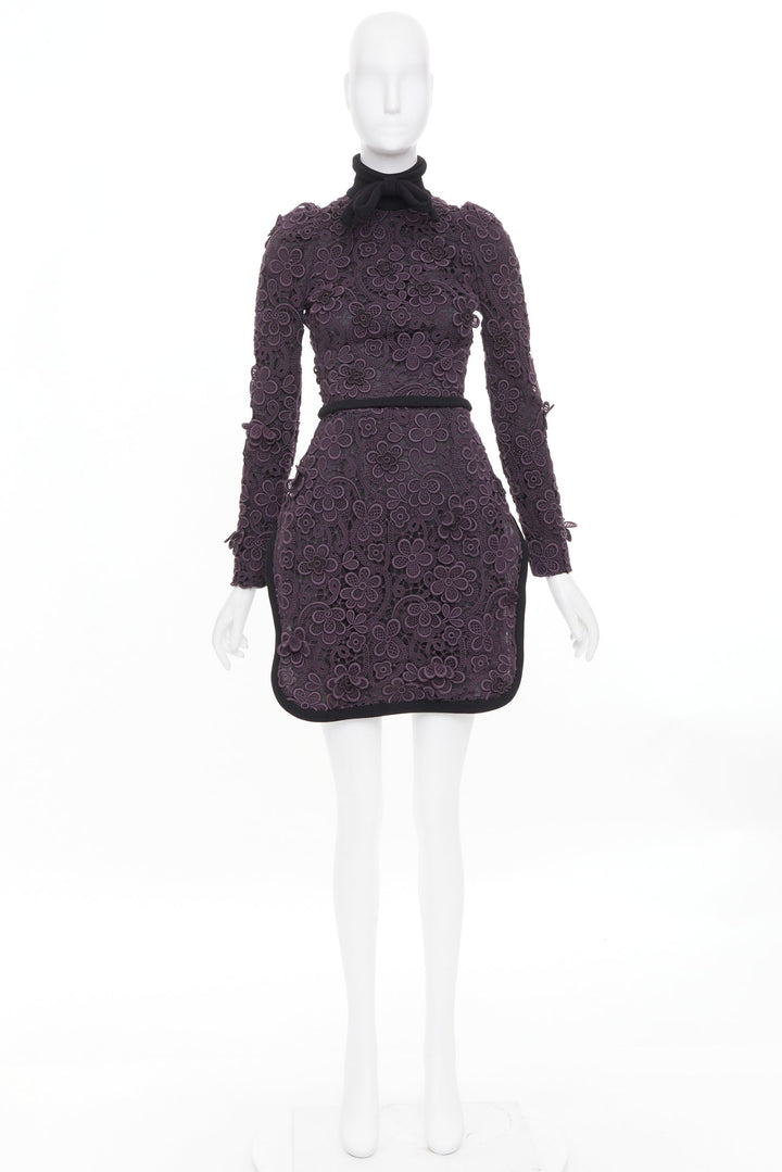 MIU MIU 2010 Runway lilac purple 3D crochet flower lace bow collar mini dress S