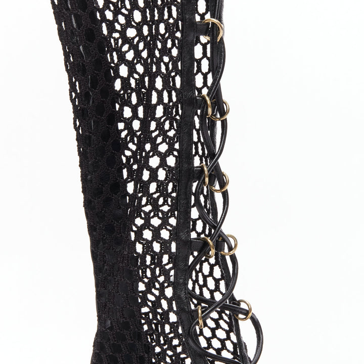 GIANVITO ROSSI Helena black crochet mesh gold rings lace up  sandals EU38