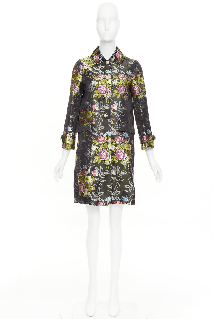 GUCCI 2016 Runway black silk floral jacquard GG pearl evening coat IT38 XS