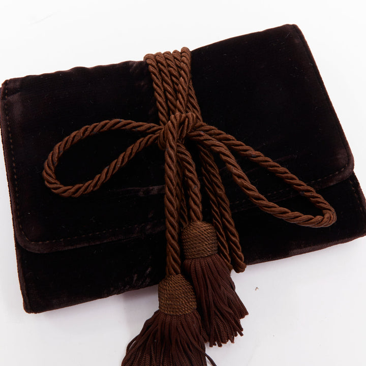 GIORGIO ARMANI brown velvet twisted tassel cord trim envelope pouch clutch bag