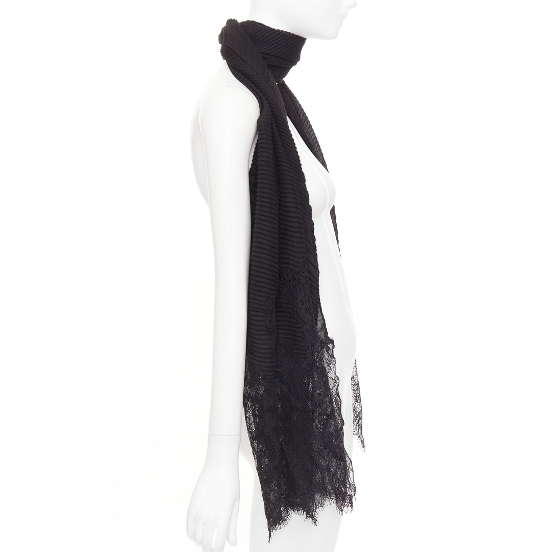 VALENTINO black cashmere bend pleated delicate floral lace trim long scarf