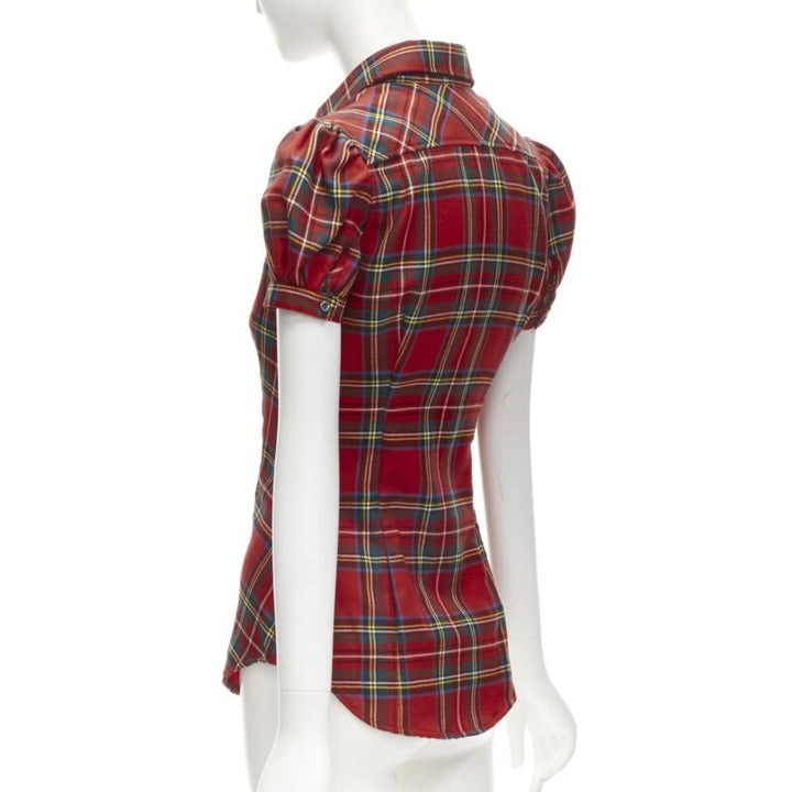 DSQUARED2 red punk plaid puff sleeve contour seam fitted shirt XS