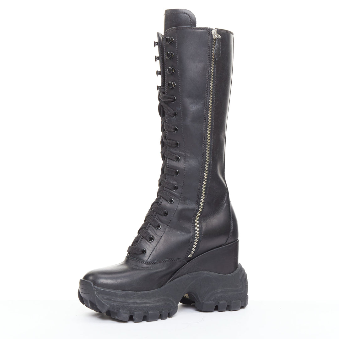 MIU MIU Runway black leather logo lace up chunky wedge tall boots EU39