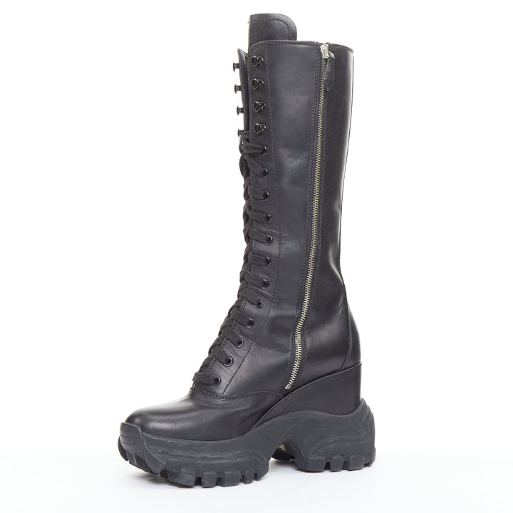 MIU MIU Runway black leather logo lace up chunky wedge tall boots EU39