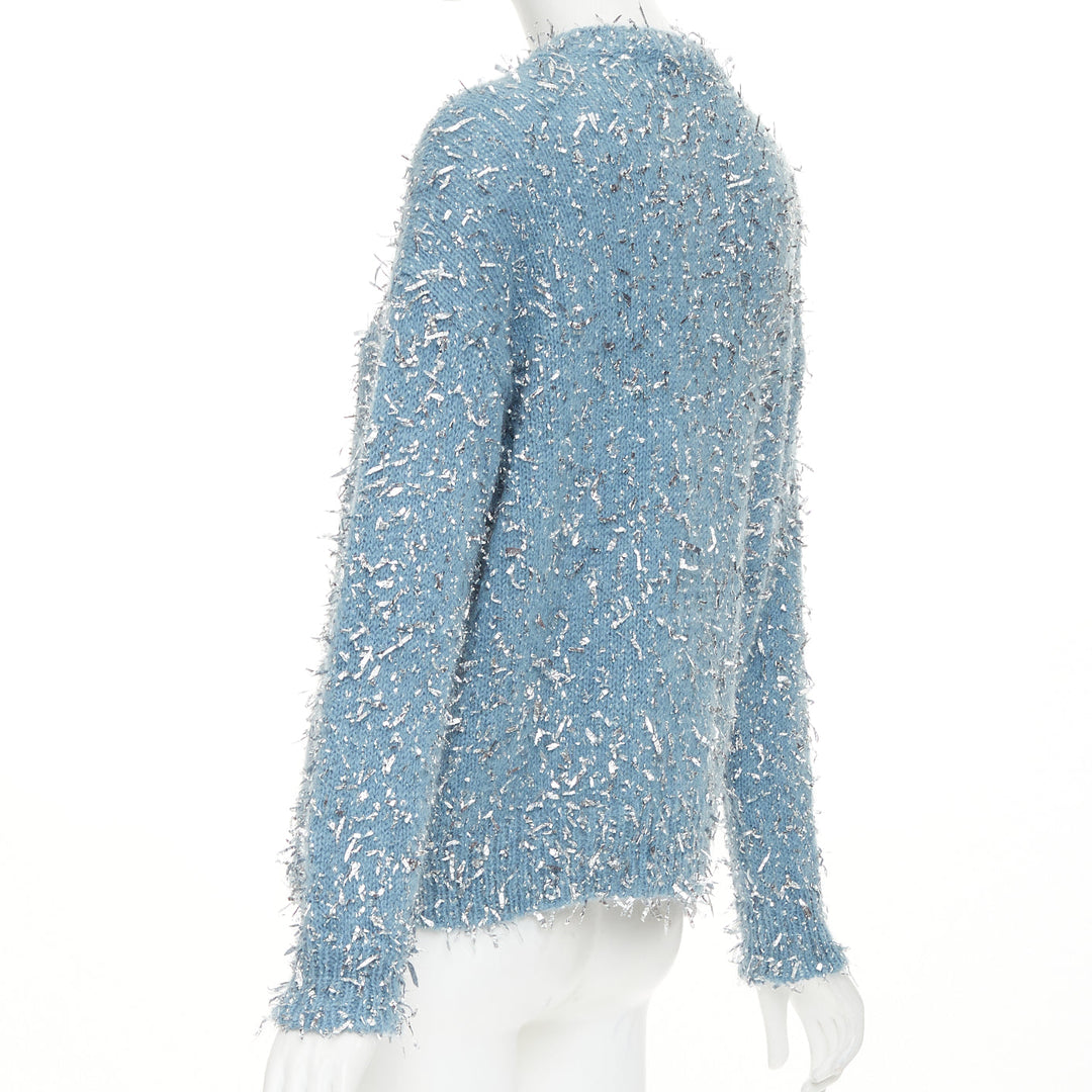 MSGM 2023 misty blue silver metallic foil speckle crewneck sweater XS