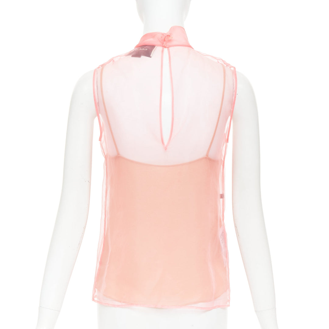 GUCCI 2015 pink silk organza sheer pussybow sleeveless blouse IT38 XS