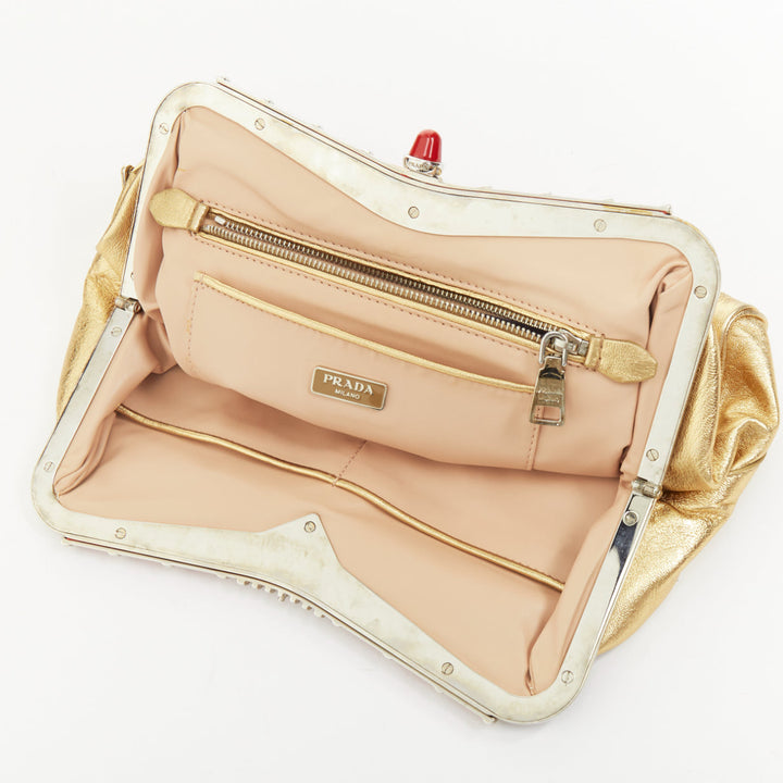PRADA 2012 Runway hot rod metallic gold leather flame detail clutch bag