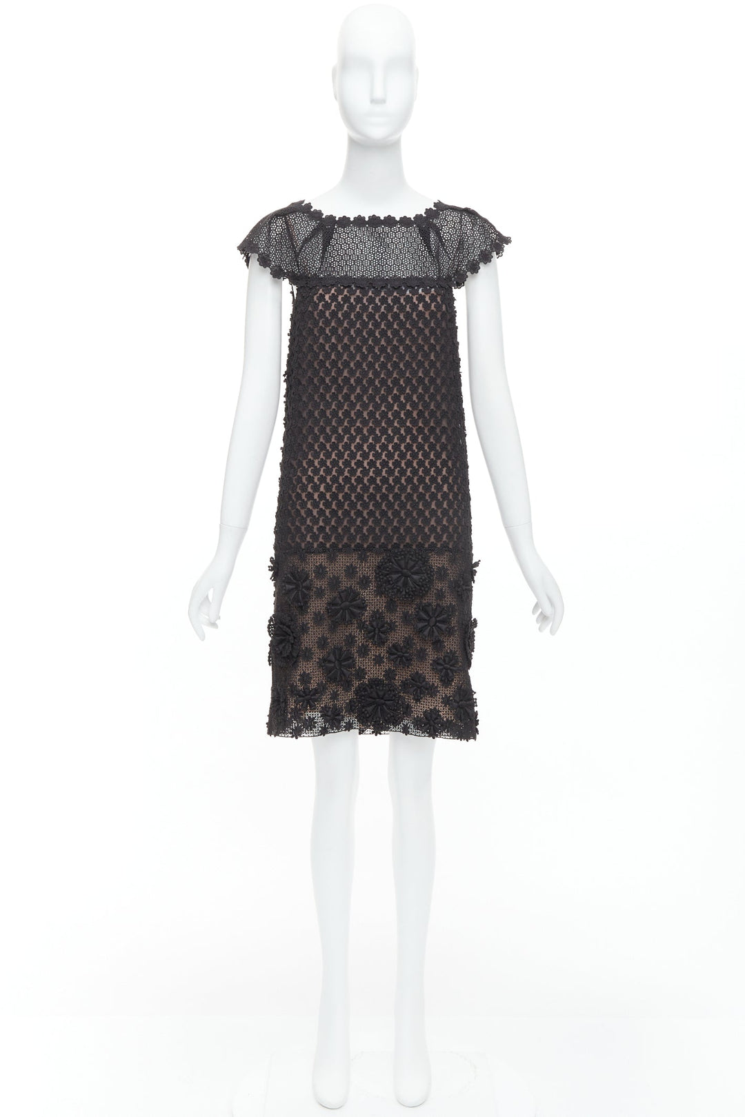 PRADA 2011 black cotton floral applique lace silk lined dress IT38 XS