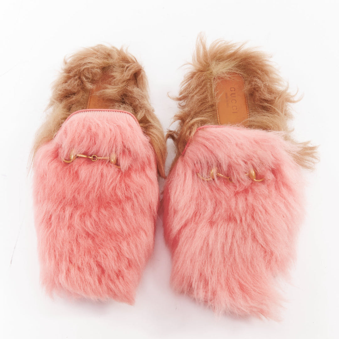 GUCCI Princetown pink brown  fluffy fur gold horsebit slip on loafer mule EU36