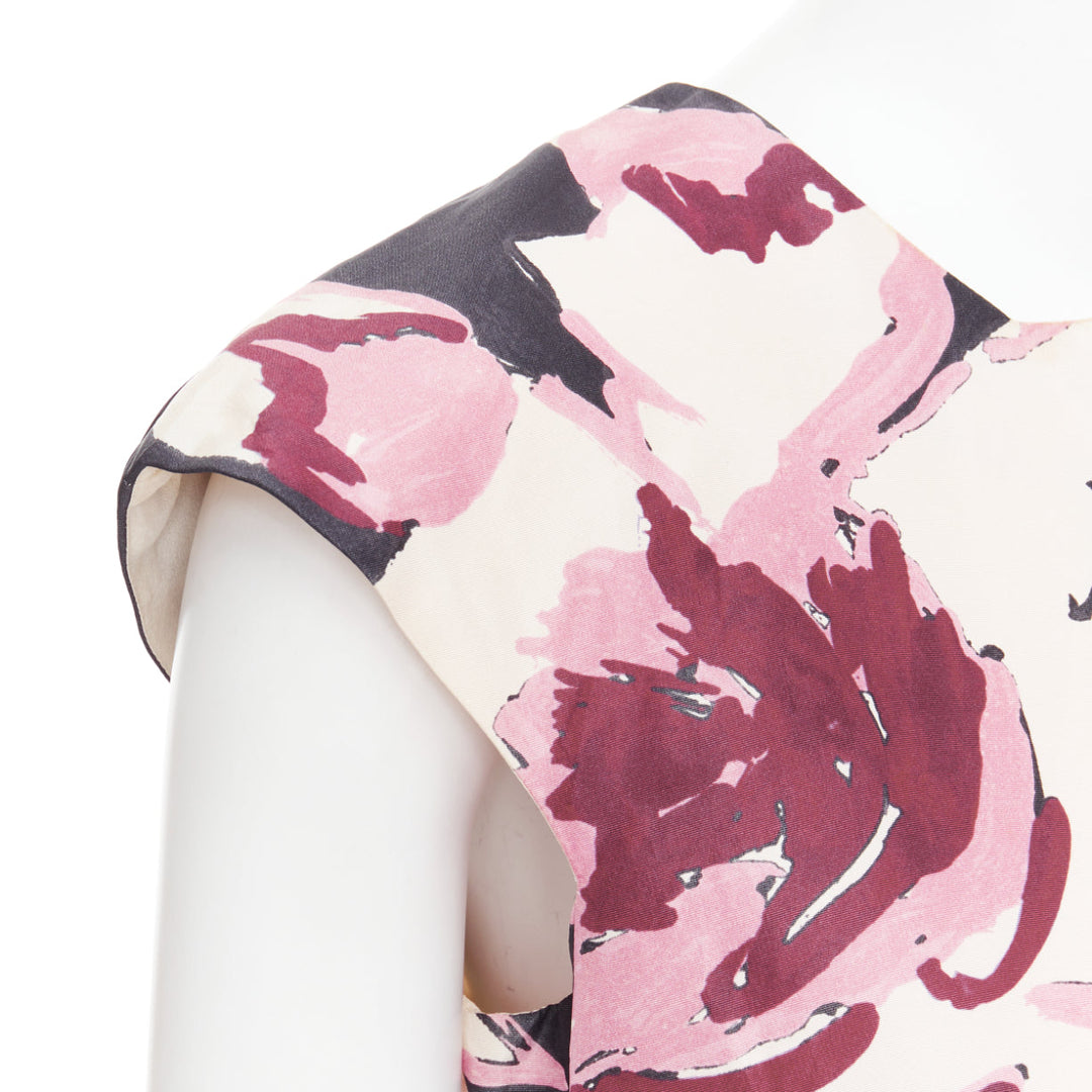 CHRISTIAN DIOR pink cream 100% silk abstract floral print tie waist dress FR38 M
