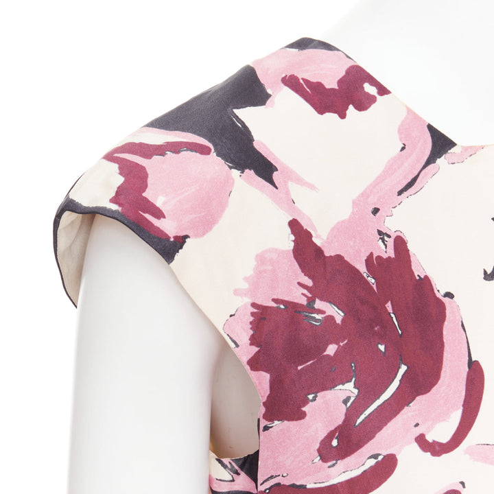 CHRISTIAN DIOR pink cream 100% silk abstract floral print tie waist dress FR38 M