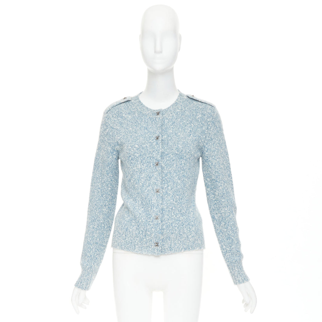 CHANEL blue melange cashmere CC turnlock buttons cardigan sweater FR36 S