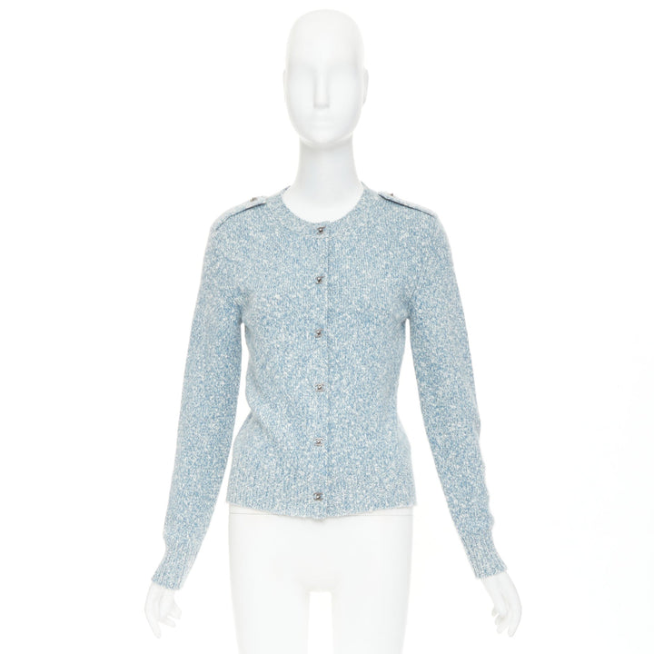 CHANEL blue melange cashmere CC turnlock buttons cardigan sweater FR36 S