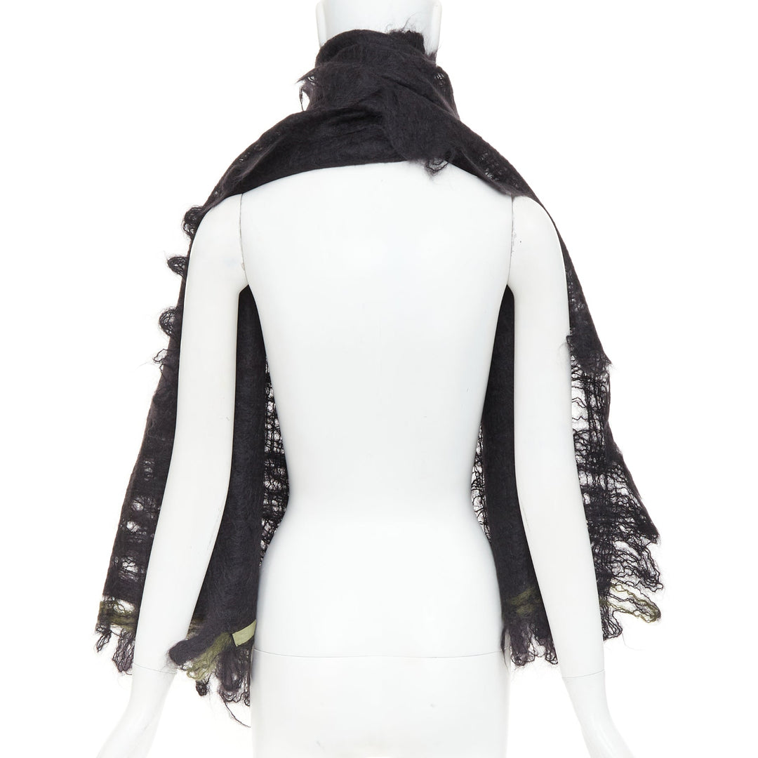 ROHKA black green distressed abstract weave cut out lattice knit wrap scarf